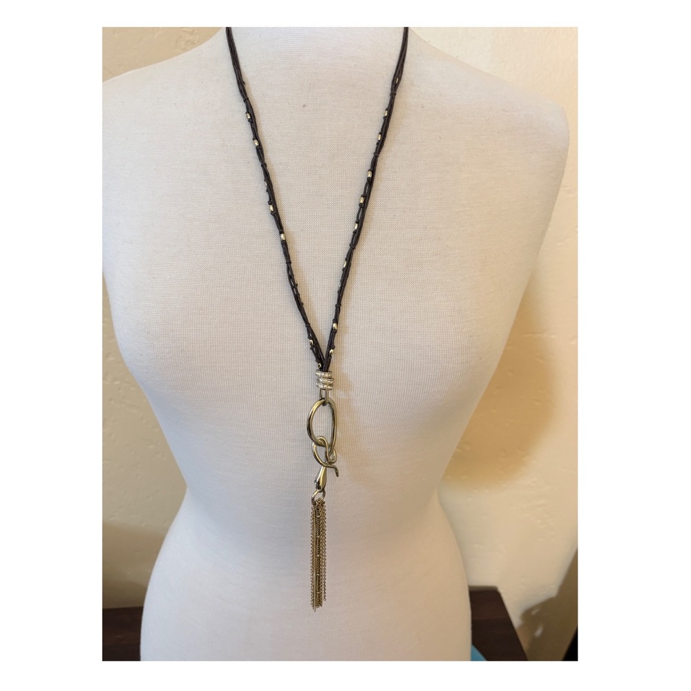Jessica Simpson Long Tassel Necklace‎ Brown Cord Gold Tone Link Mixed Metal Boho